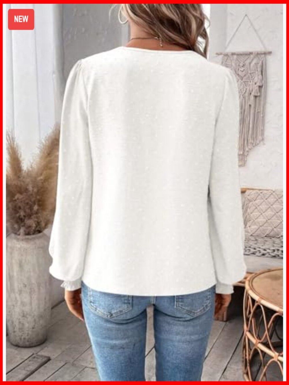 Women's Swiss Dot Long Sleeve Blouse V Neck Flowy Lace Hem Boho Tunic Top - Picture 5 of 7